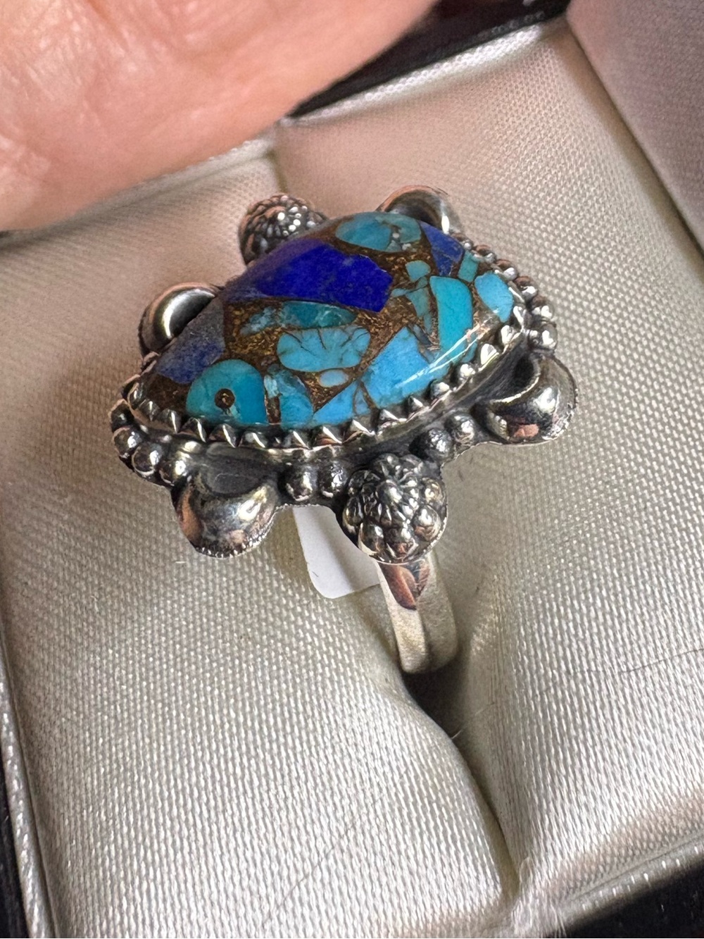 Ring Blue Dahlia Turquoise and Lapis Mosaic 925 Sterling Silver Floral Southwest - Picture 3 of 5